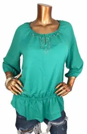 Chico’s 1 or M Top Green Peplum Lite Wgt Keyhole Tunic Blouse 3/4 Sl Soft Casual