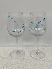 CYNTHIA ROWLEY -- WINE GOBLETS -- CUT FISH DECORATION, BLUE AND GRAY (2)