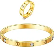 [Sfloemm] 18K Gold Plated Friendship Love Bracelet with Ring Jewelry Set for Women Stainless Steel Cuff Oval Bangle Simple Hinged Cubic Zirconia Stones Bangle Cuff Best Gifts for Mother's Day Valentine's Day