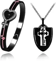 [T Brand] 100 Languages I Love You Projection Bangles Heartbeat Bracelet and Shild Key Pendant Necklace for Couples