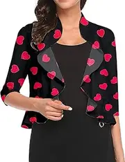 [Aceshion] Women's Open Front Cropped Cardigan 3/4 Sleeve Casual Shrugs Jacket Draped Ruffles Bolero Cardigan, Valentines Day-b, XX-Large