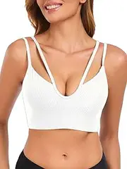 [Aderea] Women's Bikini Tops Removable Pads Tankini Sports Bra Deep V-Neck Swim Bras Double Spaghetti Straps Swimsuit Tops Only