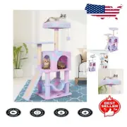 Cozy Rainbow Cat Tree with Hammock, Hanging Ball & Durable Scratching Post