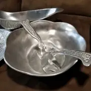SET OF 3 SERVING DON DRUMM BRUTALIST ALUMINUM WINE CHILLER, SALAD BOWL, PLATTER