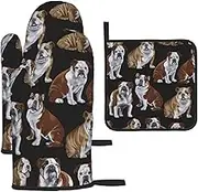 English Bulldogs Print Cooking Oven Mitts and Pot Holders Set Heat Resistant Nonslip Waterproof Baking