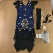 Women's Small Blue Black Sequin Fringe Flapper Dress & Accessory Set 9 Pieces