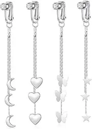 [Niaspi] 4Pcs Thin Wire Dangle Fake Belly Button Rings Stainless Steel Clip On Non Piercing Belly Navel Rings Dangling Star Butterfly Heart Moon Fake Belly Piercing Jewelry for Women, Stainless Steel,