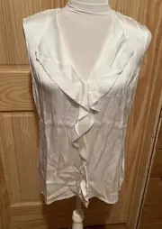 NEW St John White Sleeveless Ruffle Zip Up Back Blouse Size M ~ NEW ~ MSRP $495