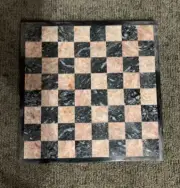Vintage Hand Carved Mexican Pink & Black Onyx Marble Chess Set w/ 13.5" Board
