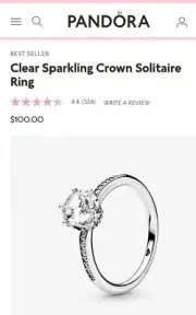 Pandora Clear Sparkling Crown Solitaire Ring Size 6.5-7