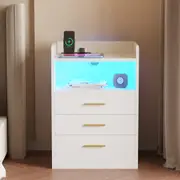 Advwin Bedside Table 3 Drawers Nightstand RGB LED Side Table with Charging Station White