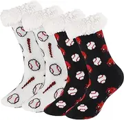 [Foaincore] 2 Pairs Sports Fuzzy Slipper Socks for Women Men Baseball Non Slip Socks Winter Warm Fuzzy Fleece Lined Cozy Thermal Slipper Socks Thick Christmas Socks for Indoor Home Cabin, Multicolor,