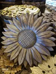 Asian Hand Carved Wood Sunflower Panel Wall Home Art Thai Hanging Decor Gift
