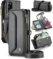 [ELEPIK] for Galaxy S20 Case, Adjustable Crossbody Wallet Case with Card Holder, Kickstand [RFID Blocking] [Crossbody & Wrist Strap] Leather Magnetic Phone Case for Samsung Galaxy S20, Black