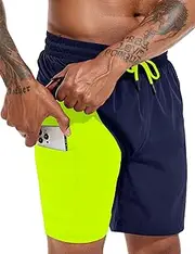 [Atforna] Men's Long 2-in-1 Swimming Shorts with Compression Quick-Drying Breathable Swim Shorts with Zip Pocket Adjustable Drawstring, Navy, Large