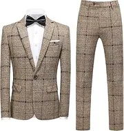 [Maiyifu-GJ] Men's 3 Piece Dress Suits Slim Fit Plaid Jacket Vest Pant Wedding Prom Suits Casual Business Tuxedo Set