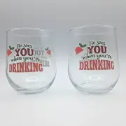 Christmas Wine Beer Glass He Sees You when You’re Dinking Santa Cap Set of 2