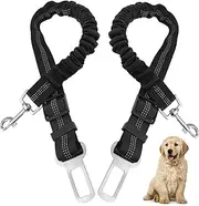 Set of 2 Dog Seat Belt Elastic Nylon Adjustable Metal Snap Hook Black