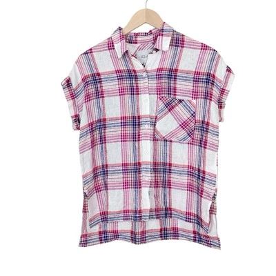 Rails Whitney Plaid Linen Shirt Short Sleeve White Peach Fuschia Button Front XS