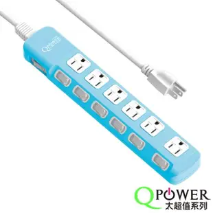 【Qpower 太順電業】太超值系列 TS-376A 3孔7切6座斜面開關延長線(1.8米)