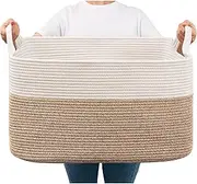 Large Blanket Basket, Rectangle Woven Baskets for Storage，90L, Woven Basket for Clothes, 24" x 17" x 14" (White and Brown)