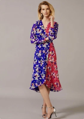 PHASE EIGHT CLAUDETTE BLUE PINK FLORAL CHIFFON 50'S MIDI WRAP DRESS 10 BNWT £130