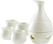 Generic Warm Sake Set Including Bottle and Four Ceramic Cups for Home Use