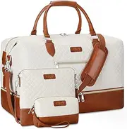 [ITIEZY] Duffel Bag for Women Travel Duffel Bag Carry On Overnight Bag with Shoe Compartment Large Nylon Faux Leather Duffle Tote Bag with Trolley Sleeve 21.5" 2-Beige