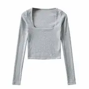 Long-Sleeve Square Neck Plain Cropped T-Shirt Gray - M