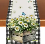 Linen Black and White Plaid Spring Table Runner Spring Flower Daisy Butterfly
