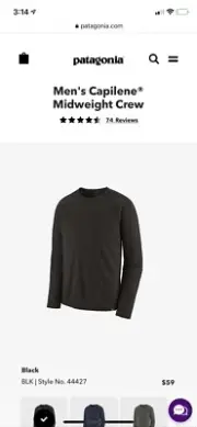 New Patagonia Capilene Mid Weight Base layer Crew Neck Size Large Channel Blue