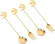 CHICAMPERA 4pc Stainless Steel Star Moon Fork Spoon Set Decorative Tea Spoons Home Tableware