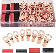 SNOKAY 100Pcs Copper Wire Lugs with Heat Shrink Set, 6/8/10/12AWG, 50Pcs UL Listed Battery Cable Closed Ends Bare Copper Eyelets Tubular Ring Terminal Connectors with 50Pcs Heat Shrink Tubing