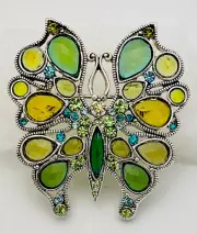 Vintage 1980-90s Silver Tone Green Crystal Lucite Butterfly Pin Brooch