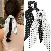 Long Hair Ribbon Ties for Women Bow Satin Scrunchies Hair Accessories Elastic Ribbon Hair Ties, Scrunchie Bow Hair Ties Silk Hair Scarf Scrunchie (Black+White, One size)
