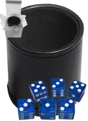 (6) 16mm Transparent Blue Dice + PU Leather Black Felt Lined Cup Gift Boxed