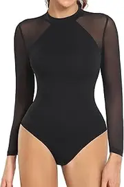 [Larrycard] Shapewear Bodysuit for Women Tummy Control Body Shaper Long Sleeve Black Mesh Bodysuit Tank Top
