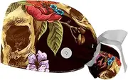[WOSHJIUK] Working Hat 2 Pack Scrub Caps for Women,Flower Halloween Mexican Skull,Tie Back Cap Adjustable Scrub Hat