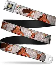 [Buckle-Down] Seatbelt Belt - Moana 3-Poses/Pig & Rooster/Flowers Tribal Tans/White - 1.5" Wide