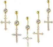 [Niaspi] 5pcs CZ Cross Belly Button Rings for Women Girls, 14G 18K Gold Plated Stainless Steel Barbell Dangle Belly Navel Rings