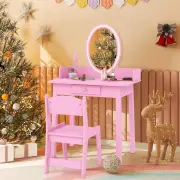 CostwayKids Vanity Set with Lighted Mirror and Chair-Pink