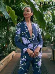Navy Floral Kew Gardens Single Breasted Tailored Blazer with Linen (AF6667) | $160