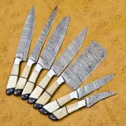 HANDMADE DAMASCUS STEEL CLEAVER KITCHEN CHEF SET LOT OF 7 PCS HANDLE CAMEL BONE