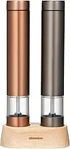 CBJAPAN Electric Mill, Pepper Mill, Copper & Graphite Gray, Set of 2, Exclusive Wood Stand, for Rock Salt, Pepper, Spices, Adjustable Coarseness, Atomico