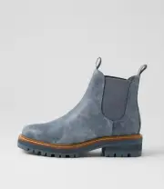 New Django & Juliette Femi Washed Denim Leather Chelsea Boots Womens Shoes