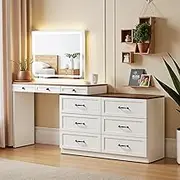 Mixcous White Vanity Dresser with Mirror & 9 Drawers, Glass Top Corner Vanity, 69" Long Makeup Dressing Table, Makeup Table Set with Adjustable Lighting, Space-Saving Dressing Cabinet for Bedroom