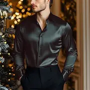 Men's Shirt Satin Shirt Casual Shirt Button Up Shirt Plain Wedding Vacation Black Wine Royal Blue Green Long Sleeve Lapel Spring Fall Clothing Apparel
