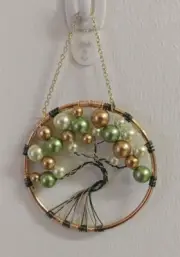 3-inch Green & Gold Pearl Tree-of-Life Beaded Metal Wall Hanging