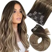 Moresoo 20 Inch Double Weft Hair Extensions Clip in Sew in Hair Extensions 120 Gram 7 Pieces Balayage Color Brown to Golden Brown and Blonde Brazilian Clip in Hair Extensions 120 Gram 7 Pieces