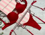 Victoria’s Secret Sexy 3 piece Shine Strap Push Up Bra Thong Garter Set Red